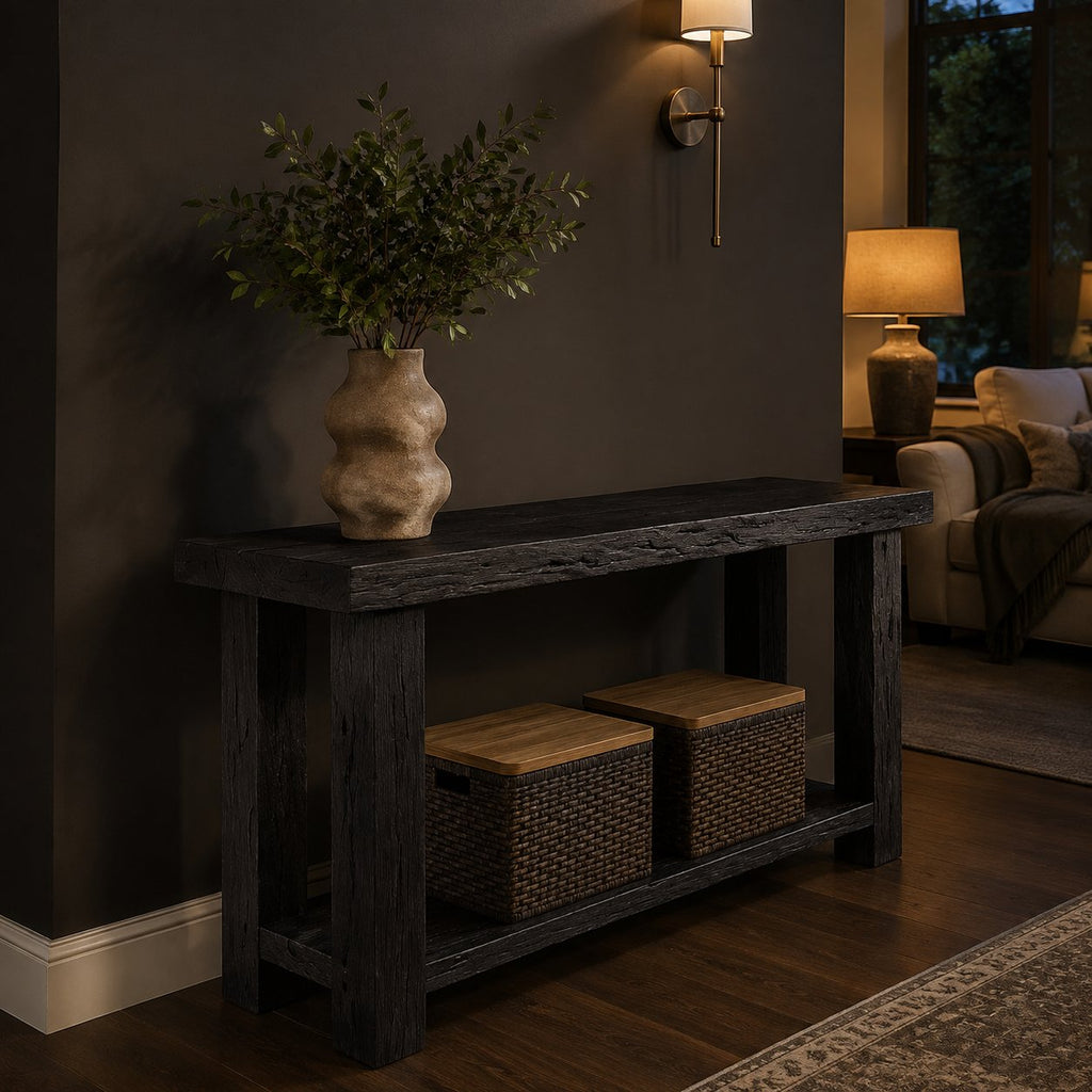 Solid Wood Console Table with Lower Shelf Live-Edge Top for Living Room