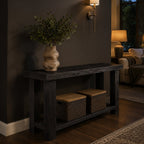 Solid Wood Console Table with Lower Shelf Live-Edge Top for Living Room