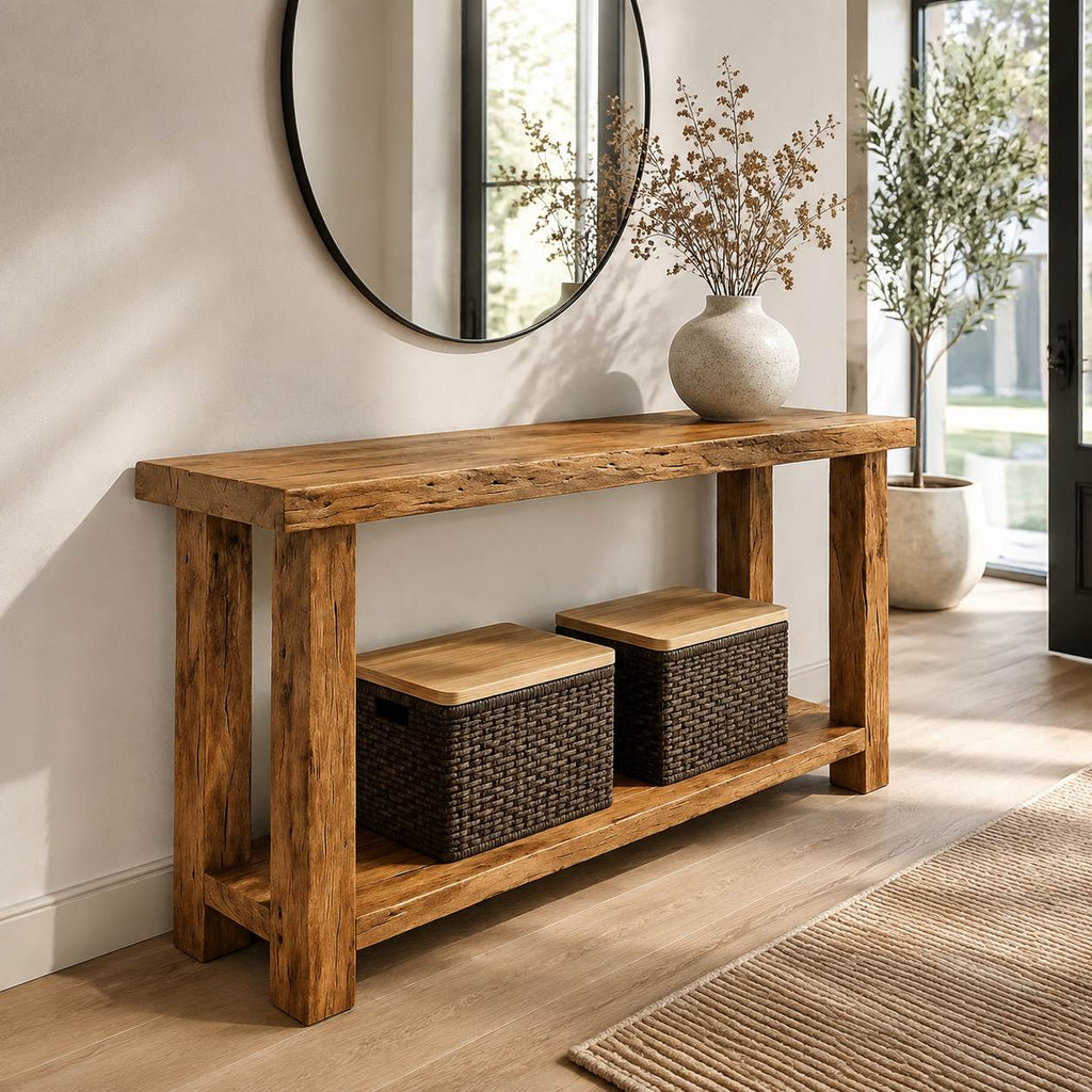 Solid Wood Console Table with Lower Shelf Live-Edge Top for Living Room