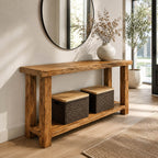 Solid Wood Console Table with Lower Shelf Live-Edge Top for Living Room