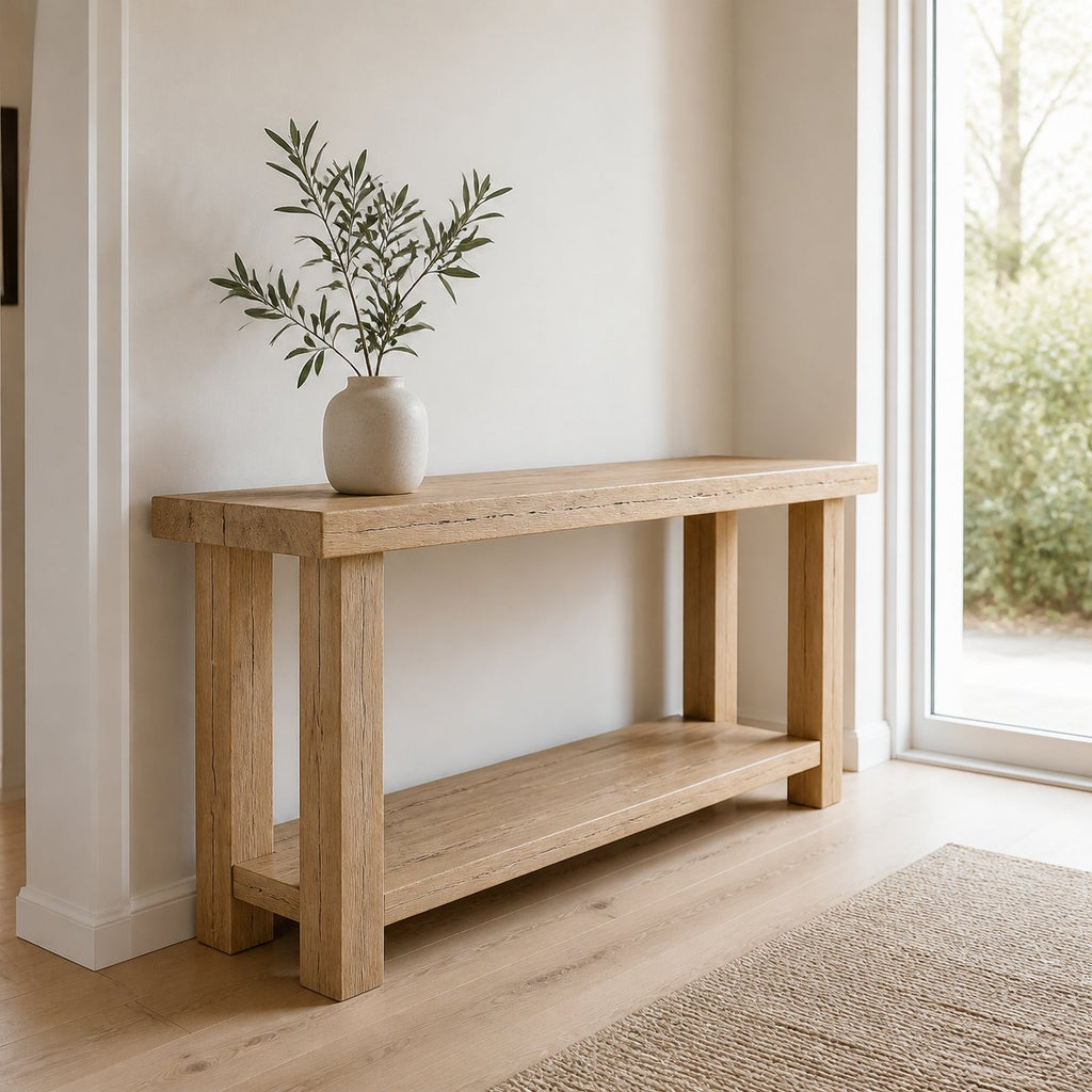 Solid Wood Console Table with Lower Shelf Live-Edge Top for Living Room