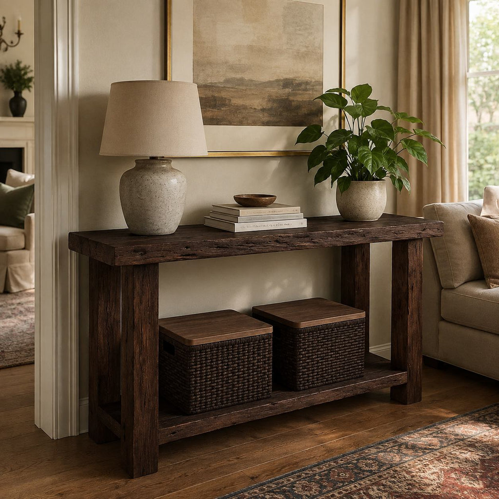 Solid Wood Console Table with Lower Shelf Live-Edge Top for Living Room