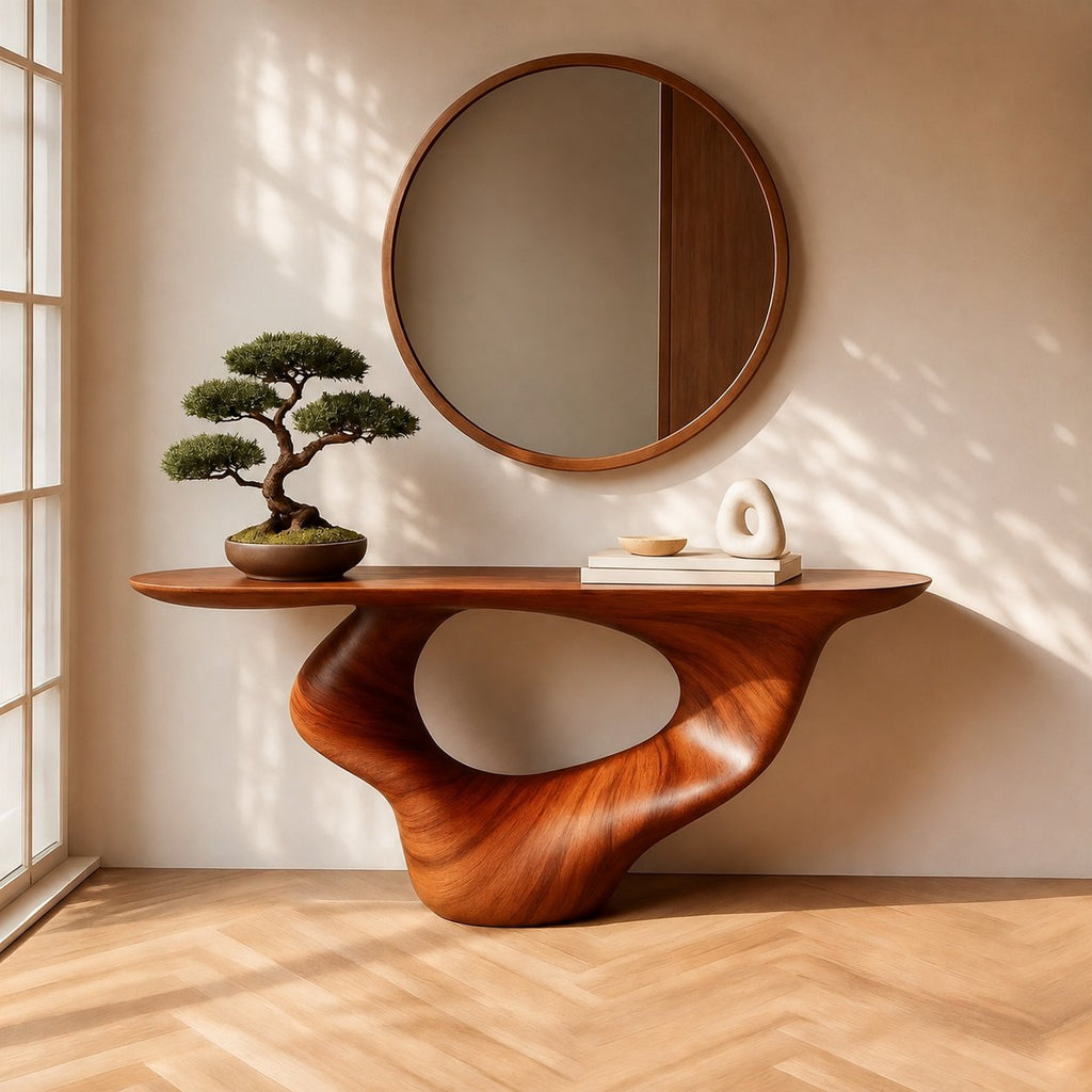 Solid Wood Sculptural Curved Console Table Glossy Live-Edge for Entryway
