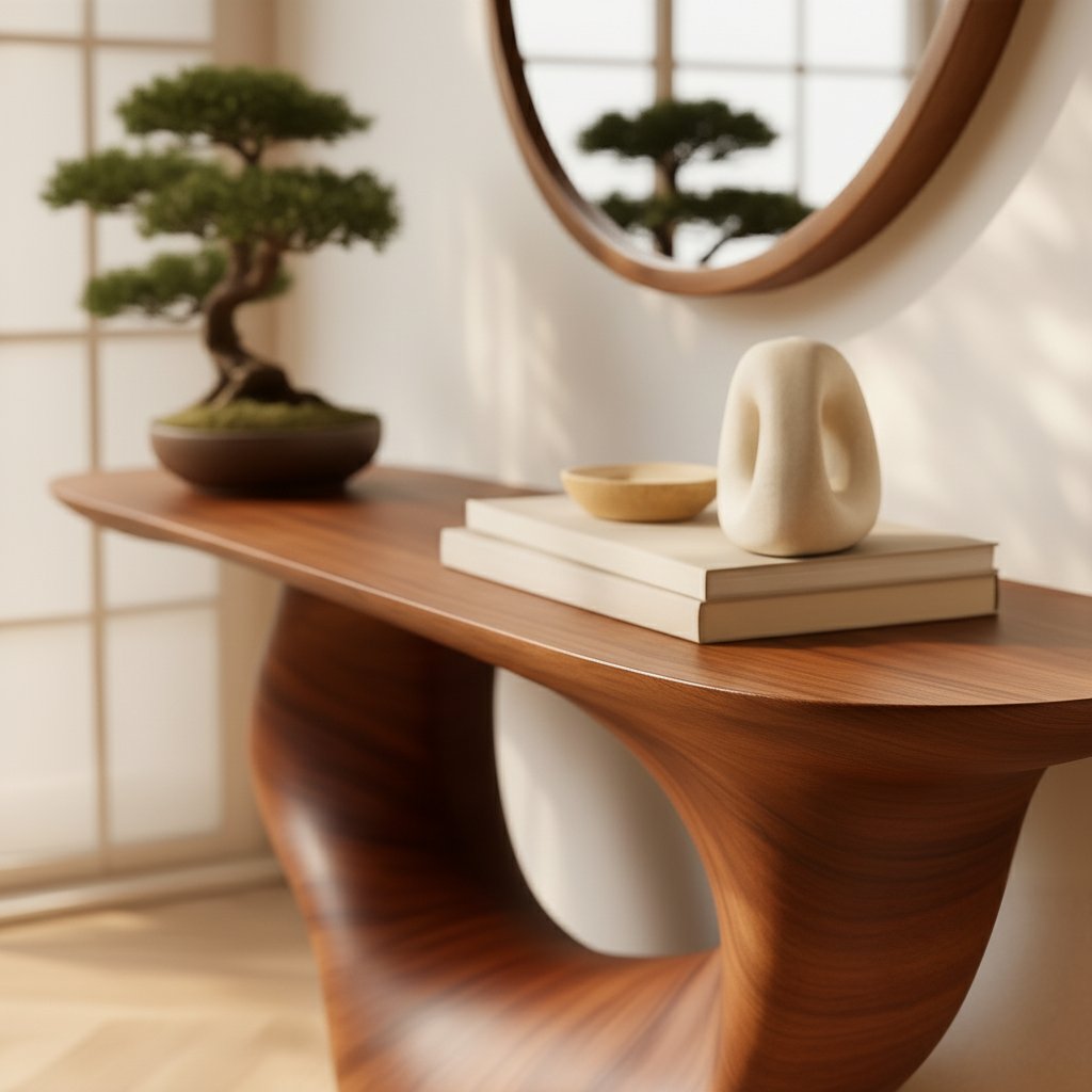 Solid Wood Sculptural Curved Console Table Glossy Live-Edge for Entryway
