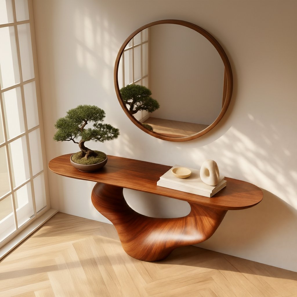 Solid Wood Sculptural Curved Console Table Glossy Live-Edge for Entryway
