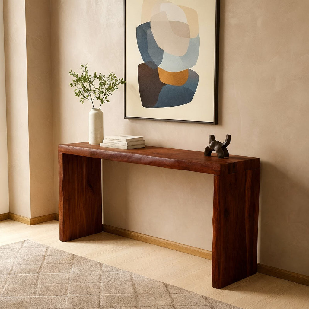 Solid Wood Thick Live-Edge Slab Console Table Walnut Tone for Entryway