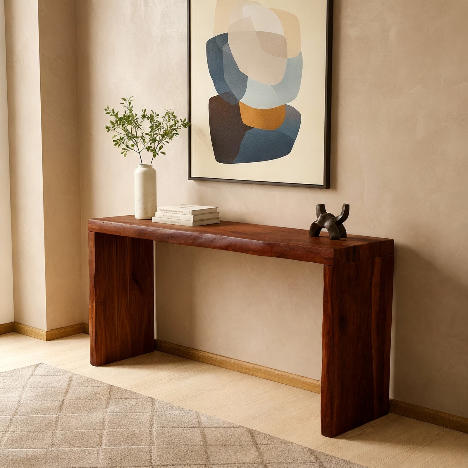Solid Wood Thick Live-Edge Slab Console Table Walnut Tone for Entryway
