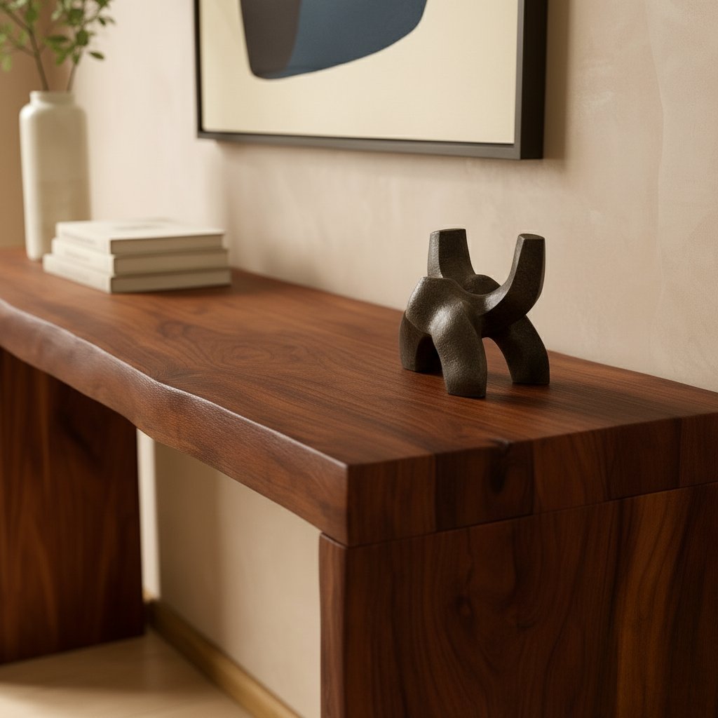 Solid Wood Thick Live-Edge Slab Console Table Walnut Tone for Entryway