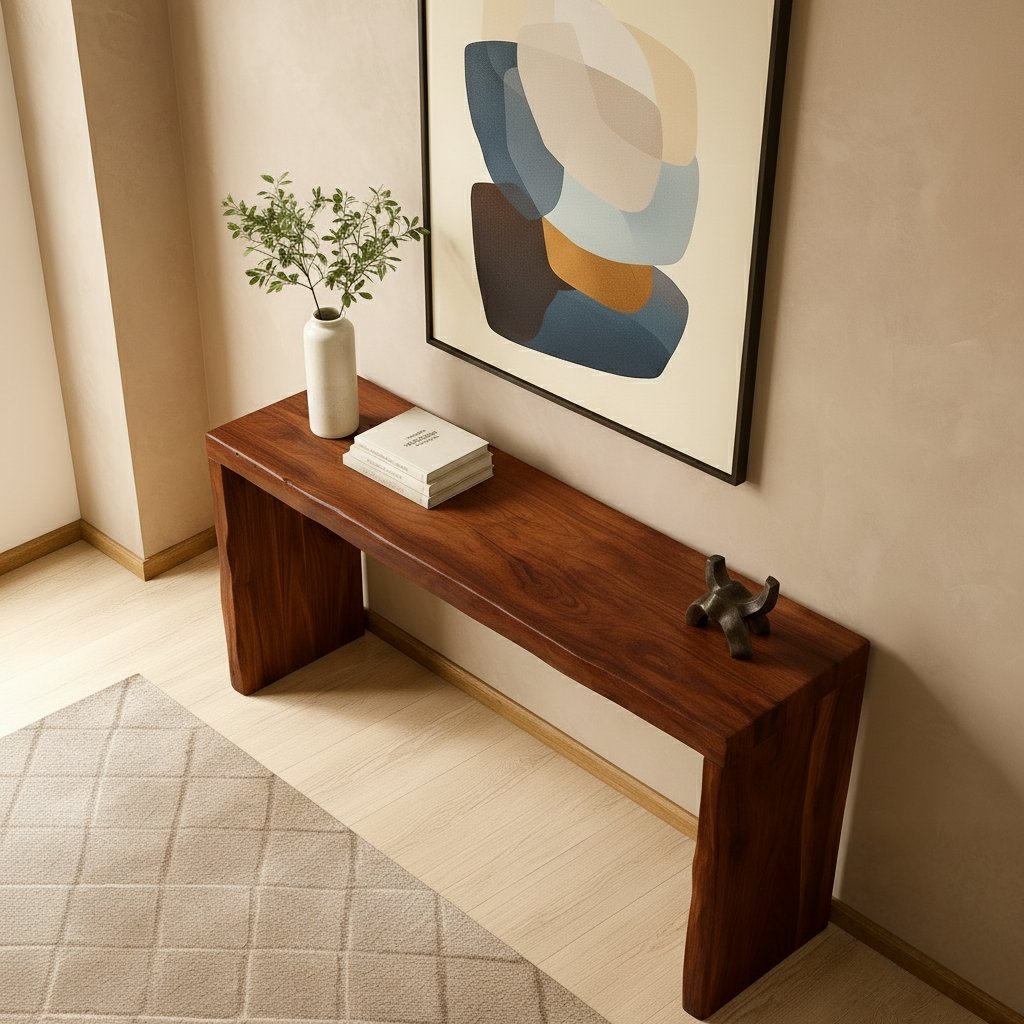 Solid Wood Thick Live-Edge Slab Console Table Walnut Tone for Entryway
