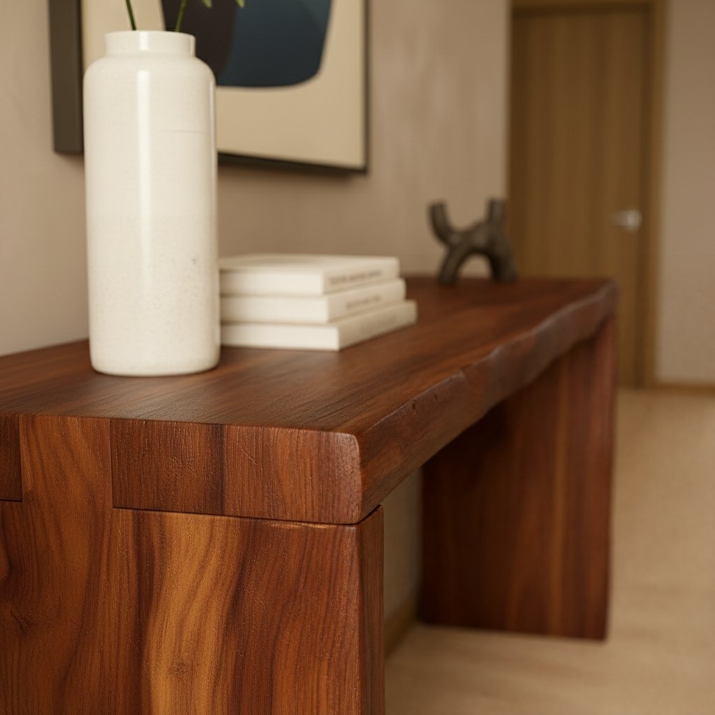 Solid Wood Thick Live-Edge Slab Console Table Walnut Tone for Entryway