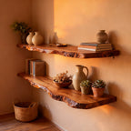 Solid Wood Live-Edge Floating Wall Shelf Two-Tier Organic Slabs for Living Room