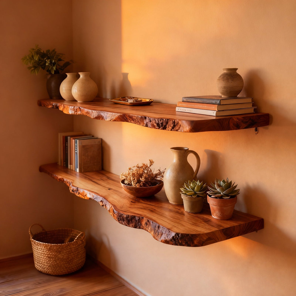 Solid Wood Live-Edge Floating Wall Shelf Two-Tier Organic Slabs for Living Room