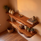 Solid Wood Live-Edge Floating Wall Shelf Two-Tier Organic Slabs for Living Room
