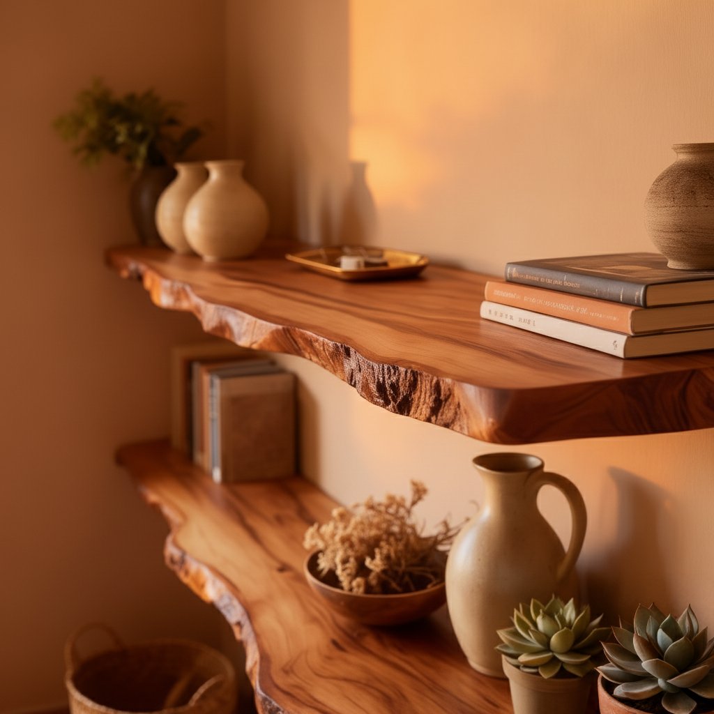 Solid Wood Live-Edge Floating Wall Shelf Two-Tier Organic Slabs for Living Room