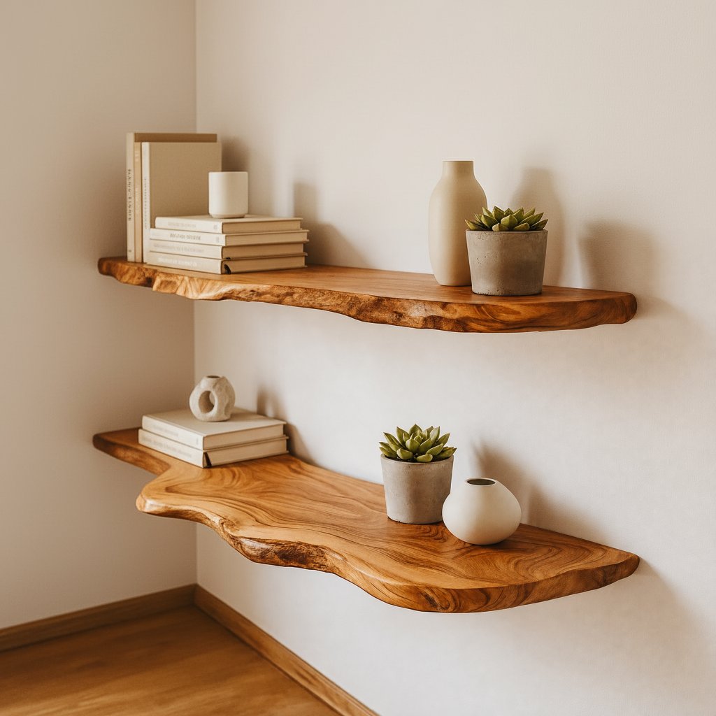Solid Wood Live-Edge Floating Wall Shelf Thick Organic Slab for Living Room Display
