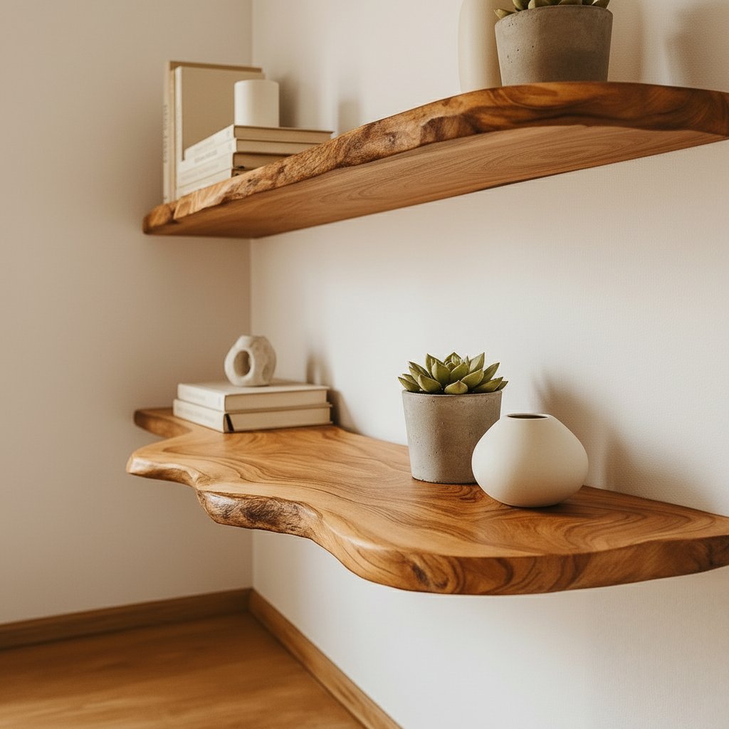 Solid Wood Live-Edge Floating Wall Shelf Thick Organic Slab for Living Room Display