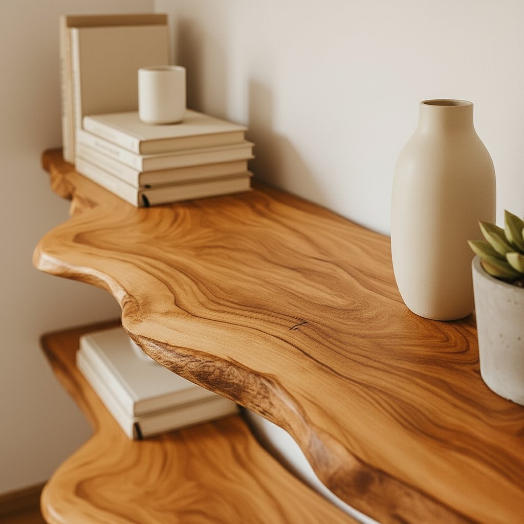Solid Wood Live-Edge Floating Wall Shelf Thick Organic Slab for Living Room Display