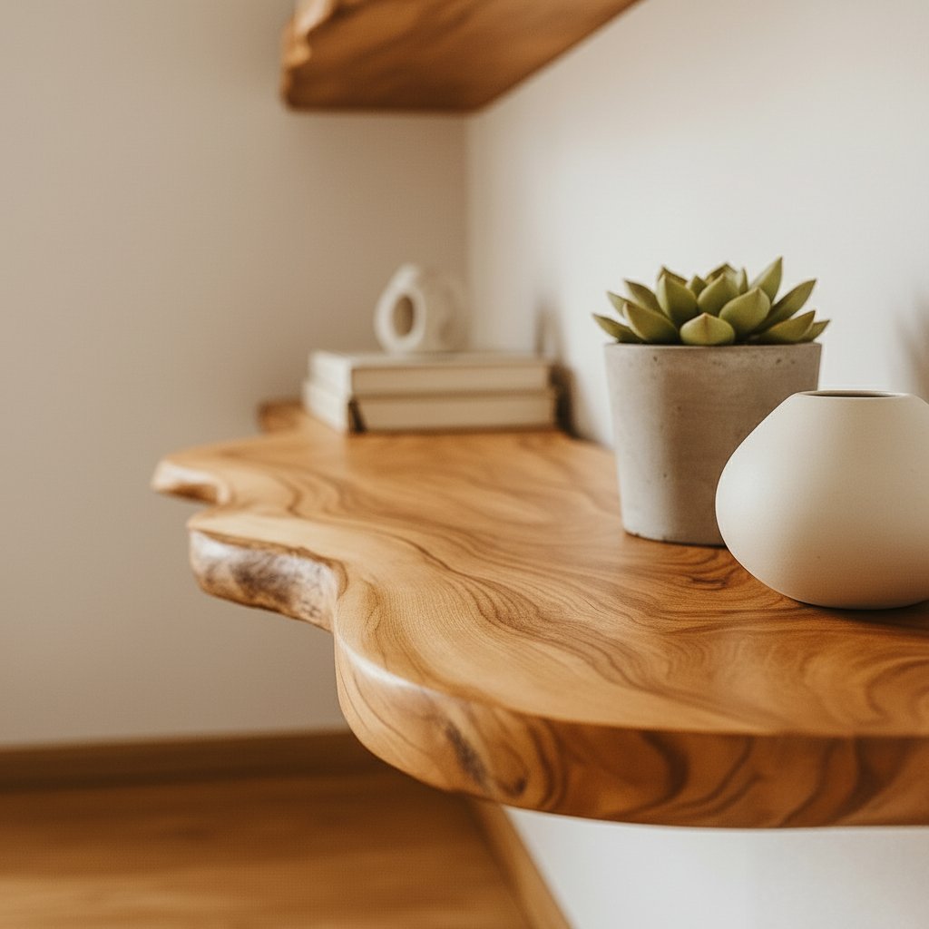 Solid Wood Live-Edge Floating Wall Shelf Thick Organic Slab for Living Room Display