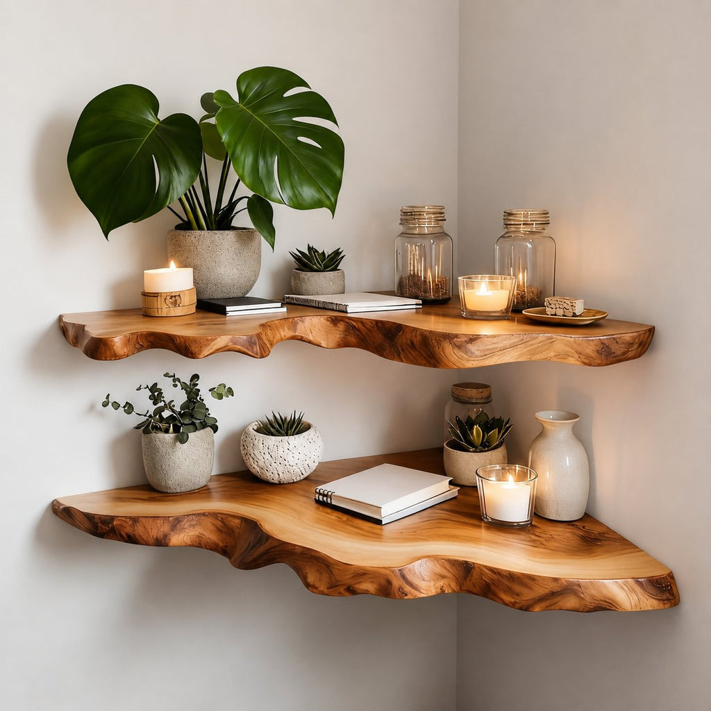 Solid Wood Live-Edge Corner Shelf Organic Curved Slab for Plant Display Living Room