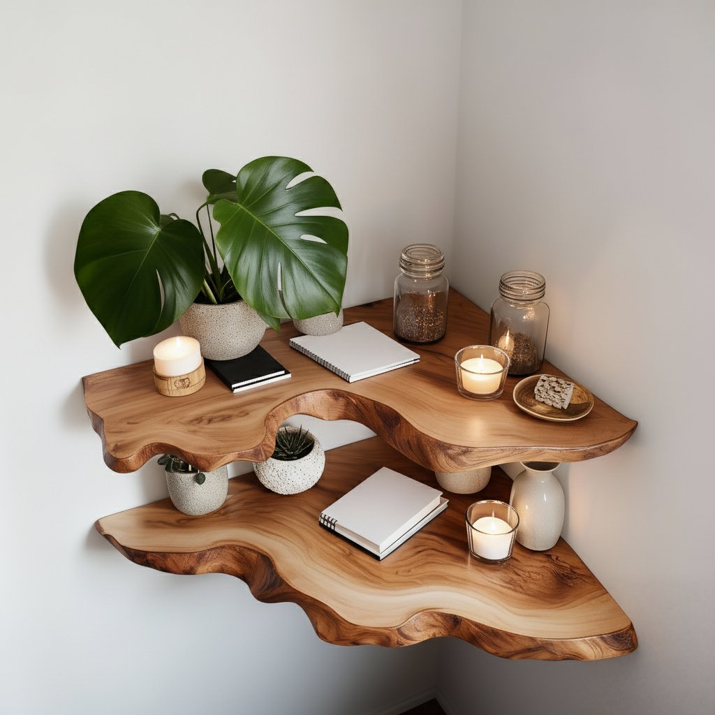 Solid Wood Live-Edge Corner Shelf Organic Curved Slab for Plant Display Living Room