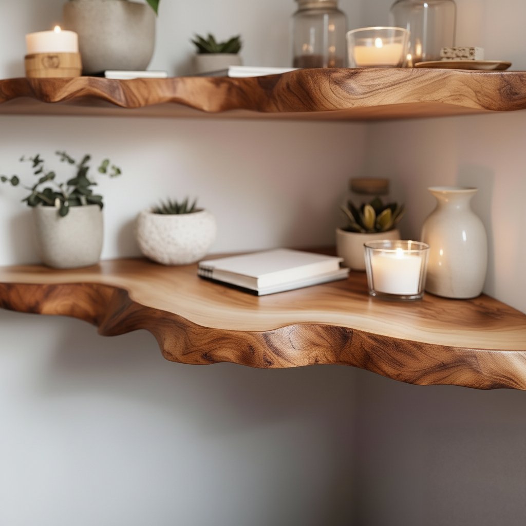 Solid Wood Live-Edge Corner Shelf Organic Curved Slab for Plant Display Living Room