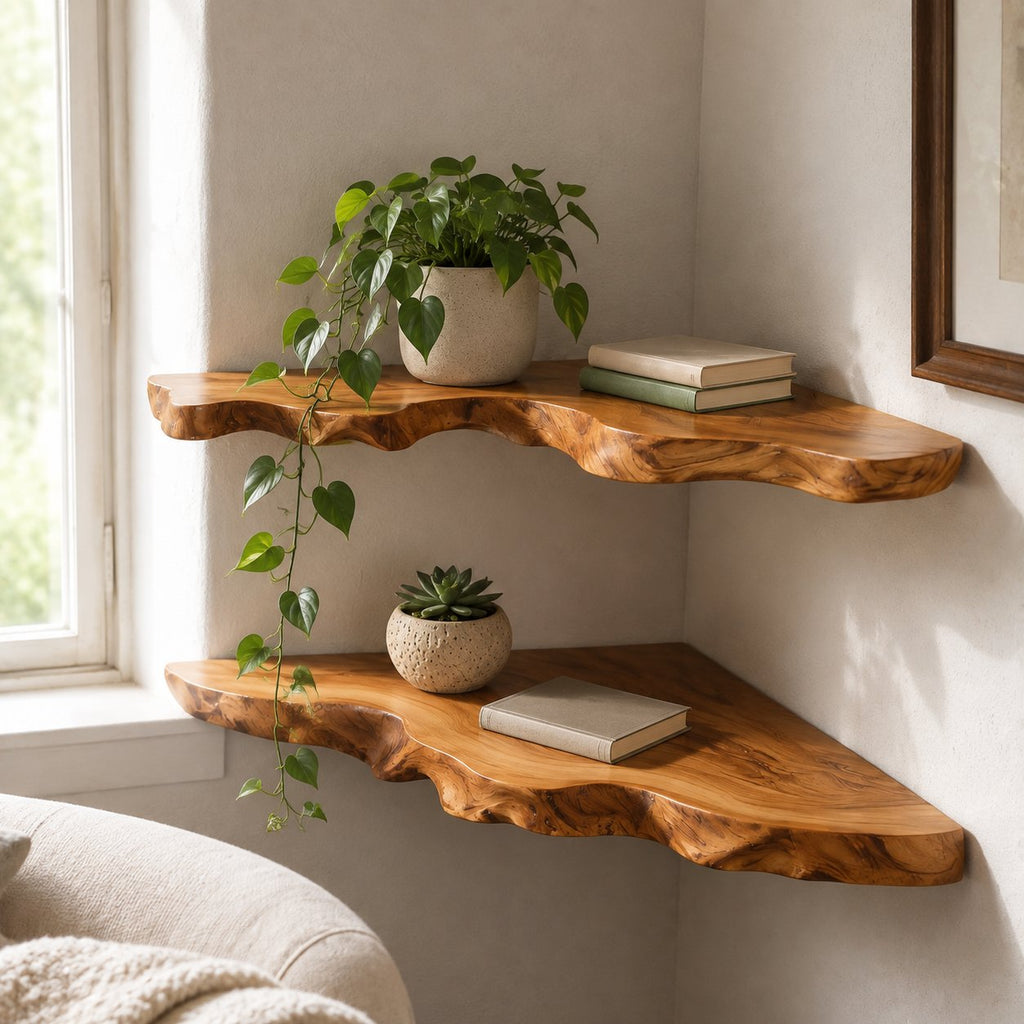 Solid Wood Live-Edge Corner Shelf Organic Curved Slab for Plant Display Living Room