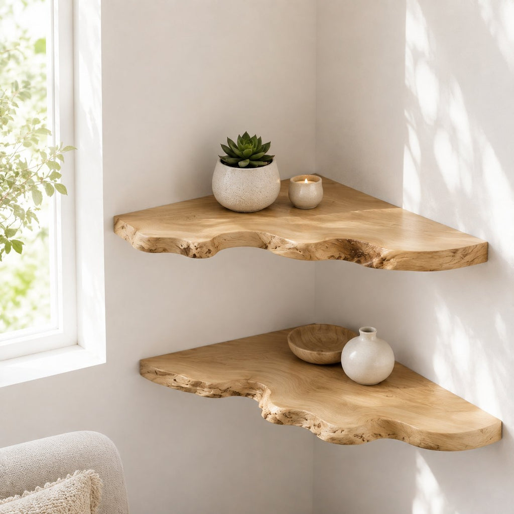 Solid Wood Live-Edge Corner Shelf Organic Curved Slab for Plant Display Living Room