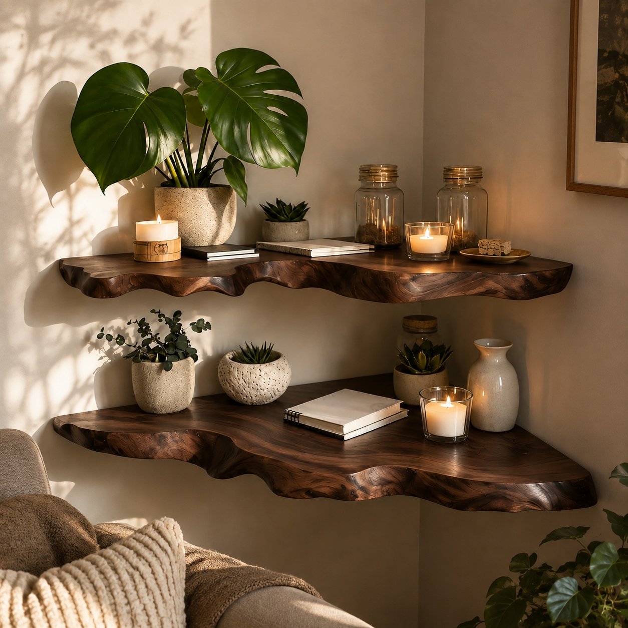 Solid Wood Live-Edge Corner Shelf Organic Curved Slab for Plant Display Living Room