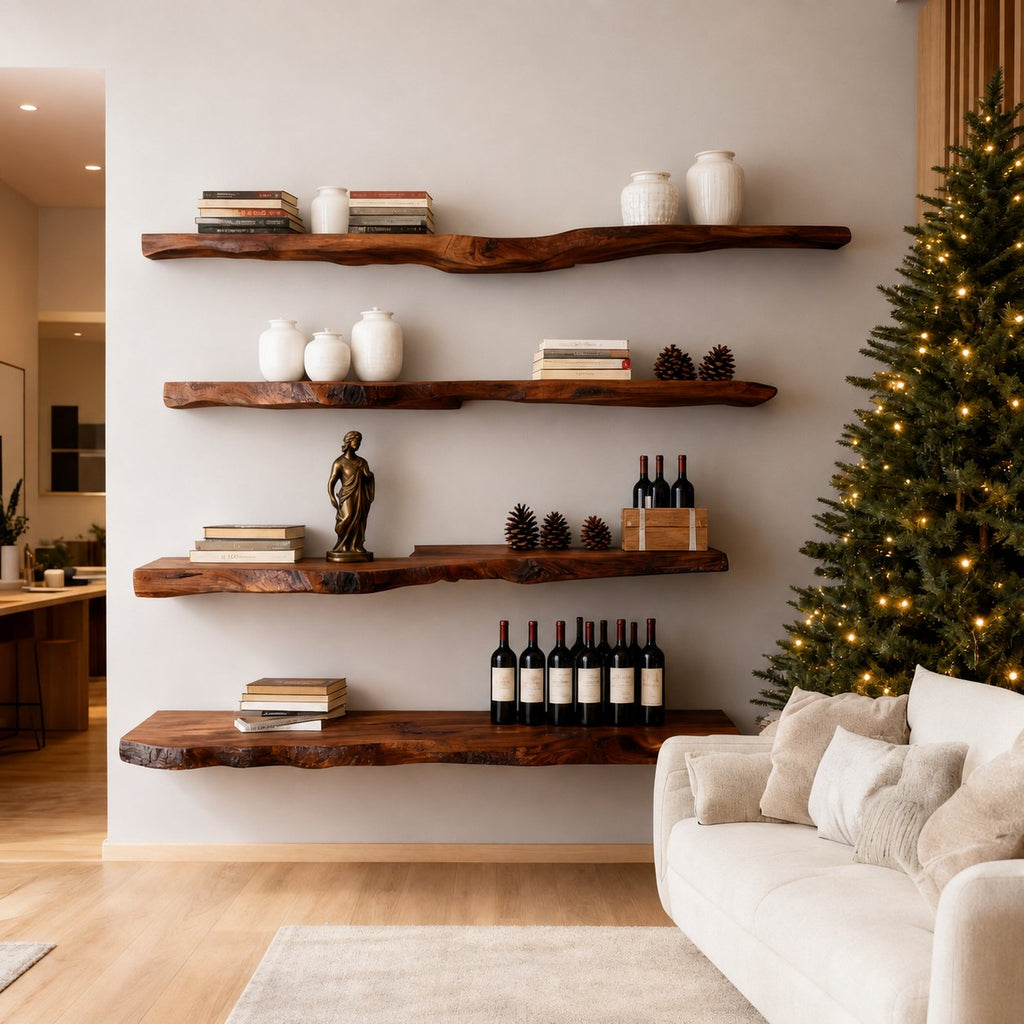 Solid Wood Live-Edge Corner Shelf Thick Organic Slab for Living Room Book Display