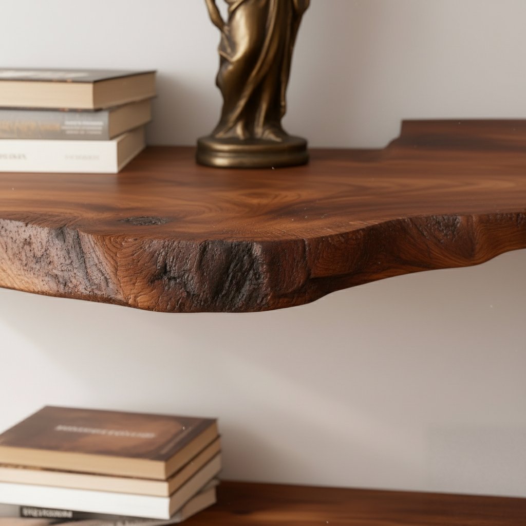 Solid Wood Live-Edge Corner Shelf Thick Organic Slab for Living Room Book Display