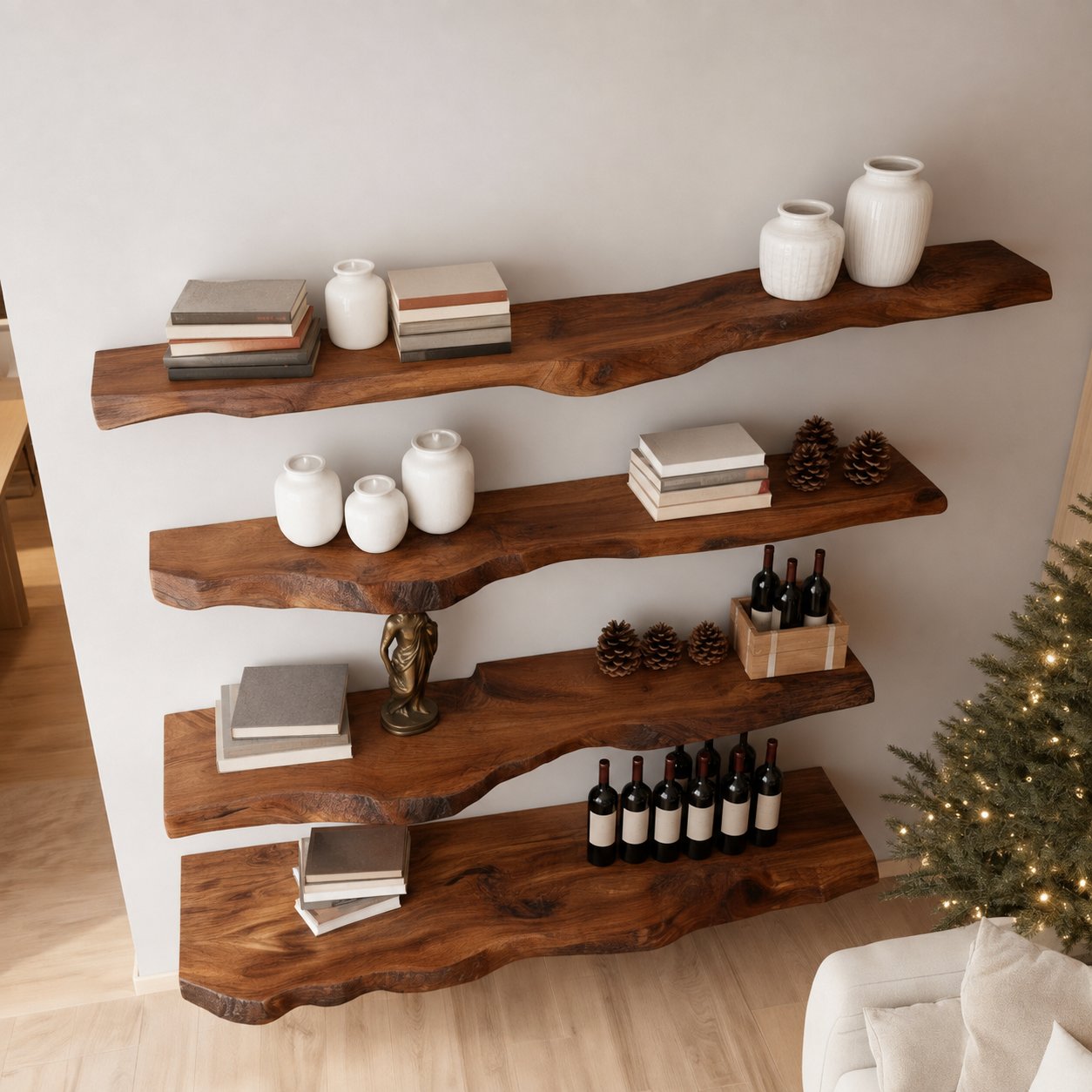 Solid Wood Live-Edge Corner Shelf Thick Organic Slab for Living Room Book Display