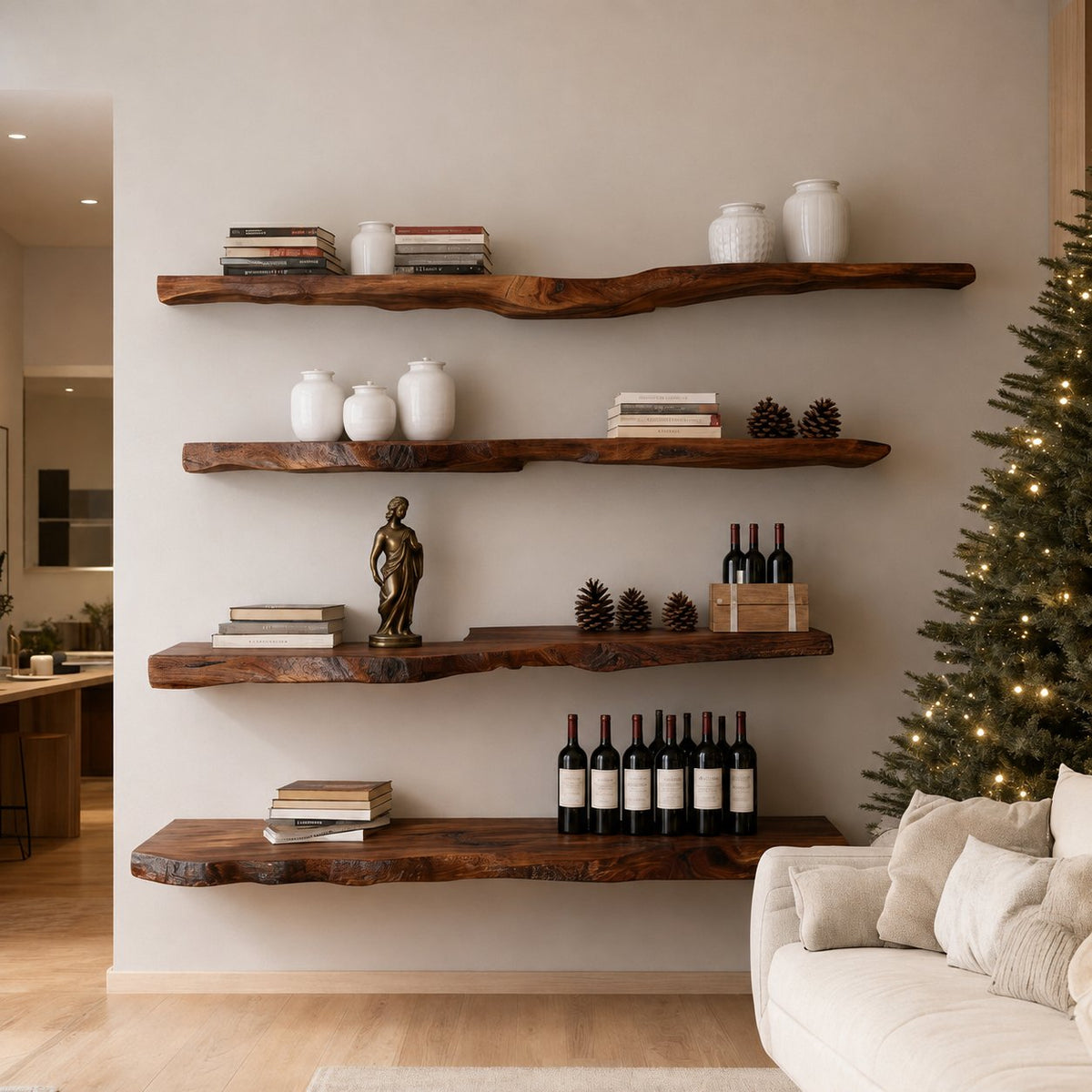 Solid Wood Live-Edge Corner Shelf Thick Organic Slab for Living Room Book Display