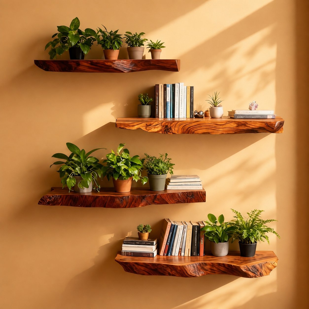 Solid Wood Live-Edge Corner Shelf Three-Tier Floating Slabs for Plant Display Nook