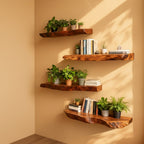 Solid Wood Live-Edge Corner Shelf Three-Tier Floating Slabs for Plant Display Nook