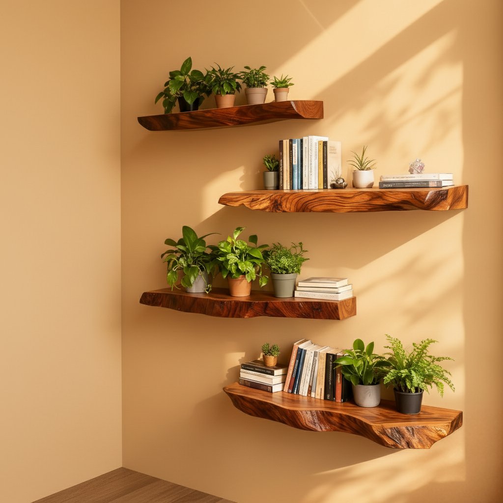 Solid Wood Live-Edge Corner Shelf Three-Tier Floating Slabs for Plant Display Nook
