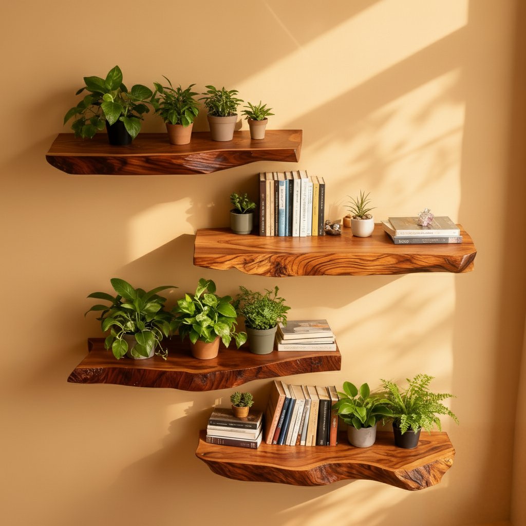 Solid Wood Live-Edge Corner Shelf Three-Tier Floating Slabs for Plant Display Nook