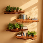 Solid Wood Live-Edge Corner Shelf Three-Tier Floating Slabs for Plant Display Nook