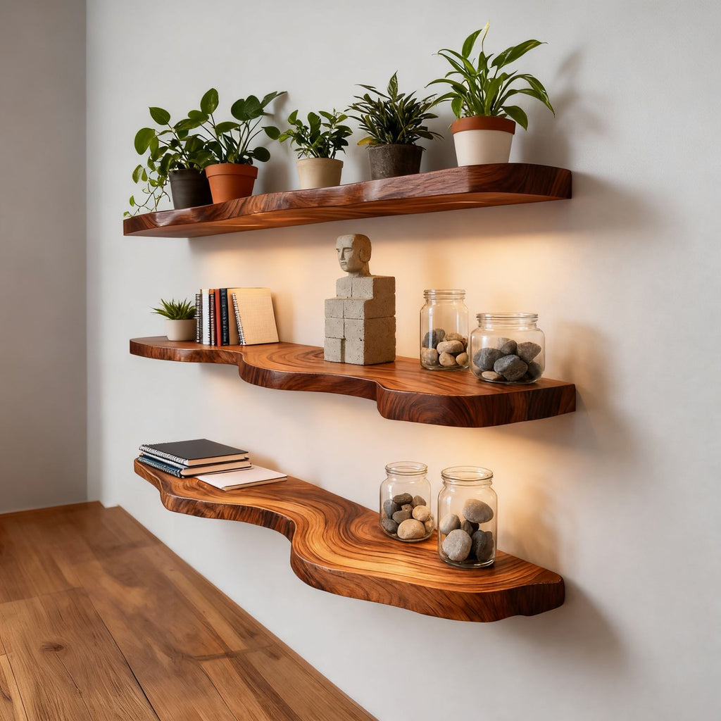 Solid Wood Live-Edge Floating Wall Shelf Tiered Organic Slabs for Plant Living Room
