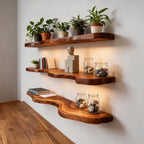 Solid Wood Live-Edge Floating Wall Shelf Tiered Organic Slabs for Plant Living Room