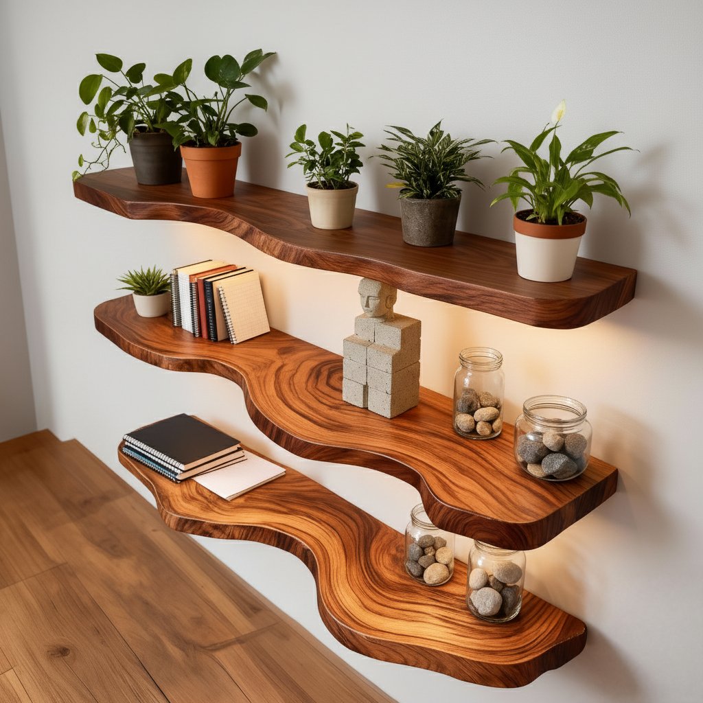 Solid Wood Live-Edge Floating Wall Shelf Tiered Organic Slabs for Plant Living Room