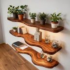 Solid Wood Live-Edge Floating Wall Shelf Tiered Organic Slabs for Plant Living Room