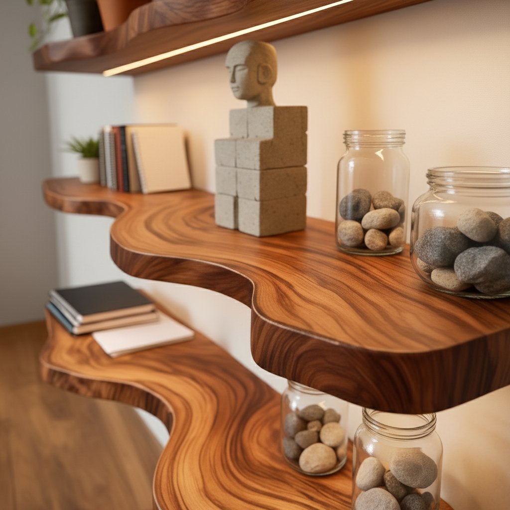 Solid Wood Live-Edge Floating Wall Shelf Tiered Organic Slabs for Plant Living Room