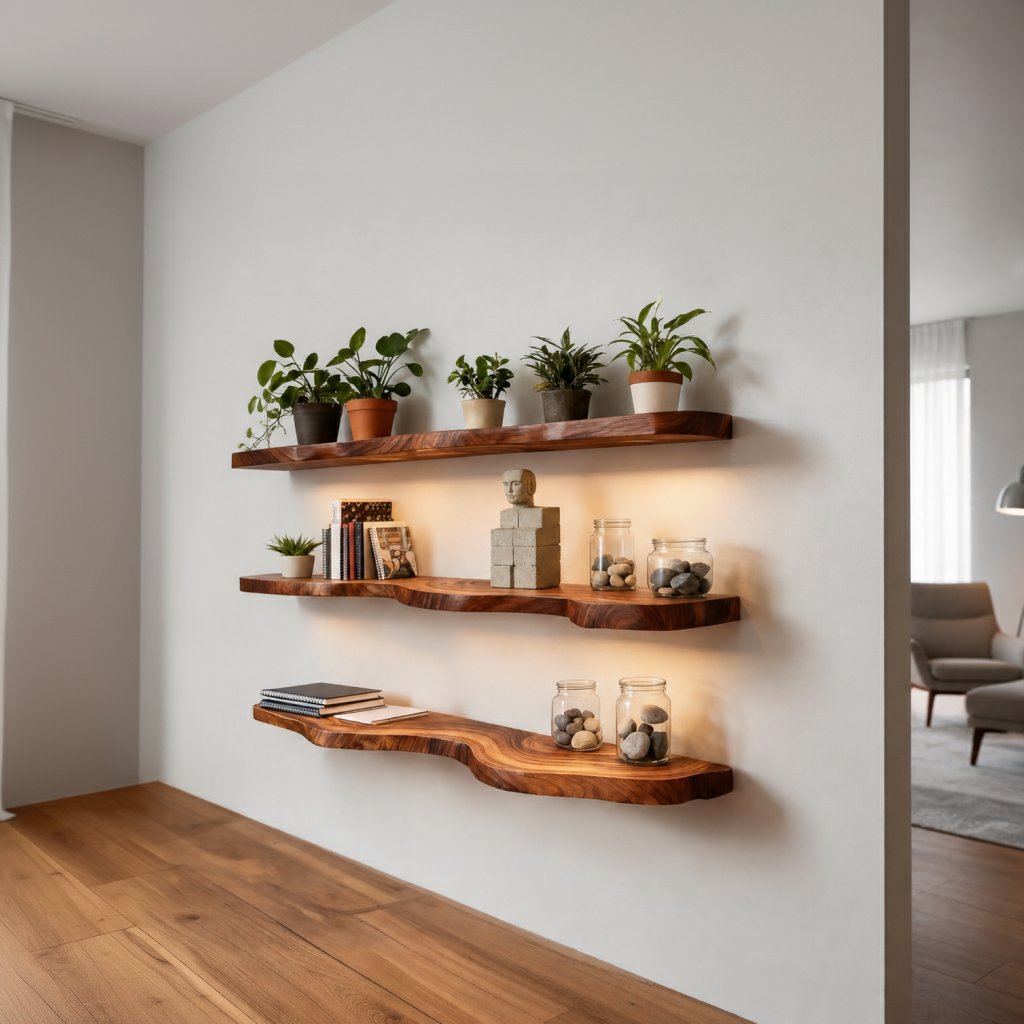 Solid Wood Live-Edge Floating Wall Shelf Tiered Organic Slabs for Plant Living Room