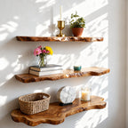 Solid Wood Live-Edge Floating Wall Shelf Long Organic Slab for Living Room Display