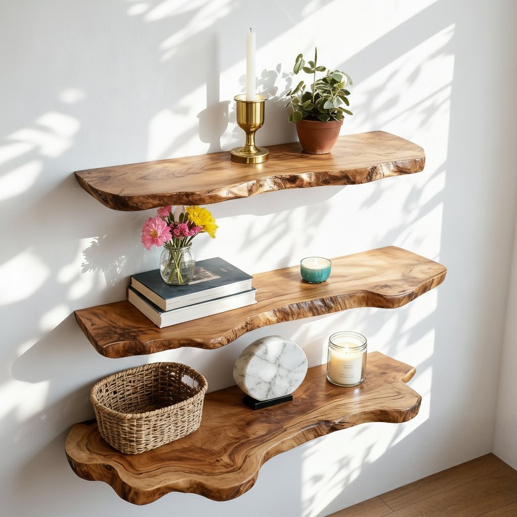 Solid Wood Live-Edge Floating Wall Shelf Long Organic Slab for Living Room Display