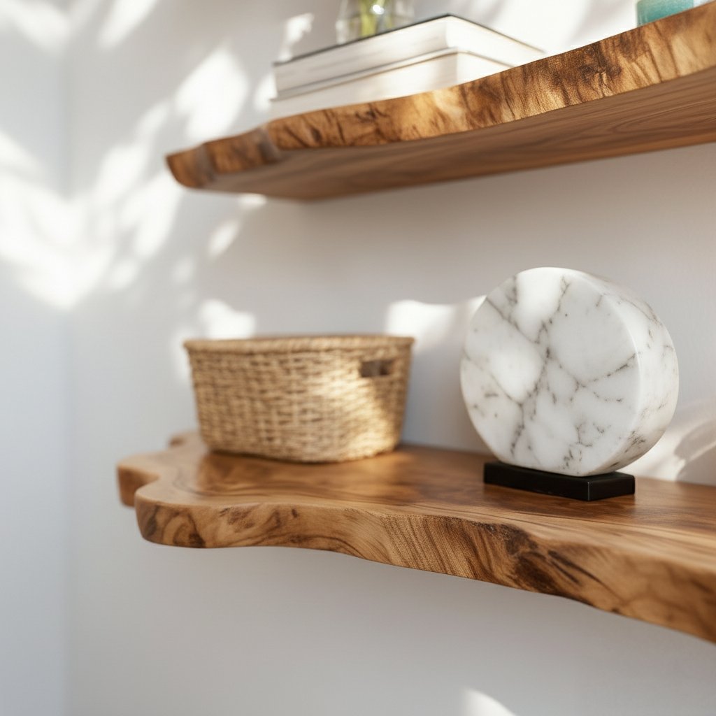 Solid Wood Live-Edge Floating Wall Shelf Long Organic Slab for Living Room Display