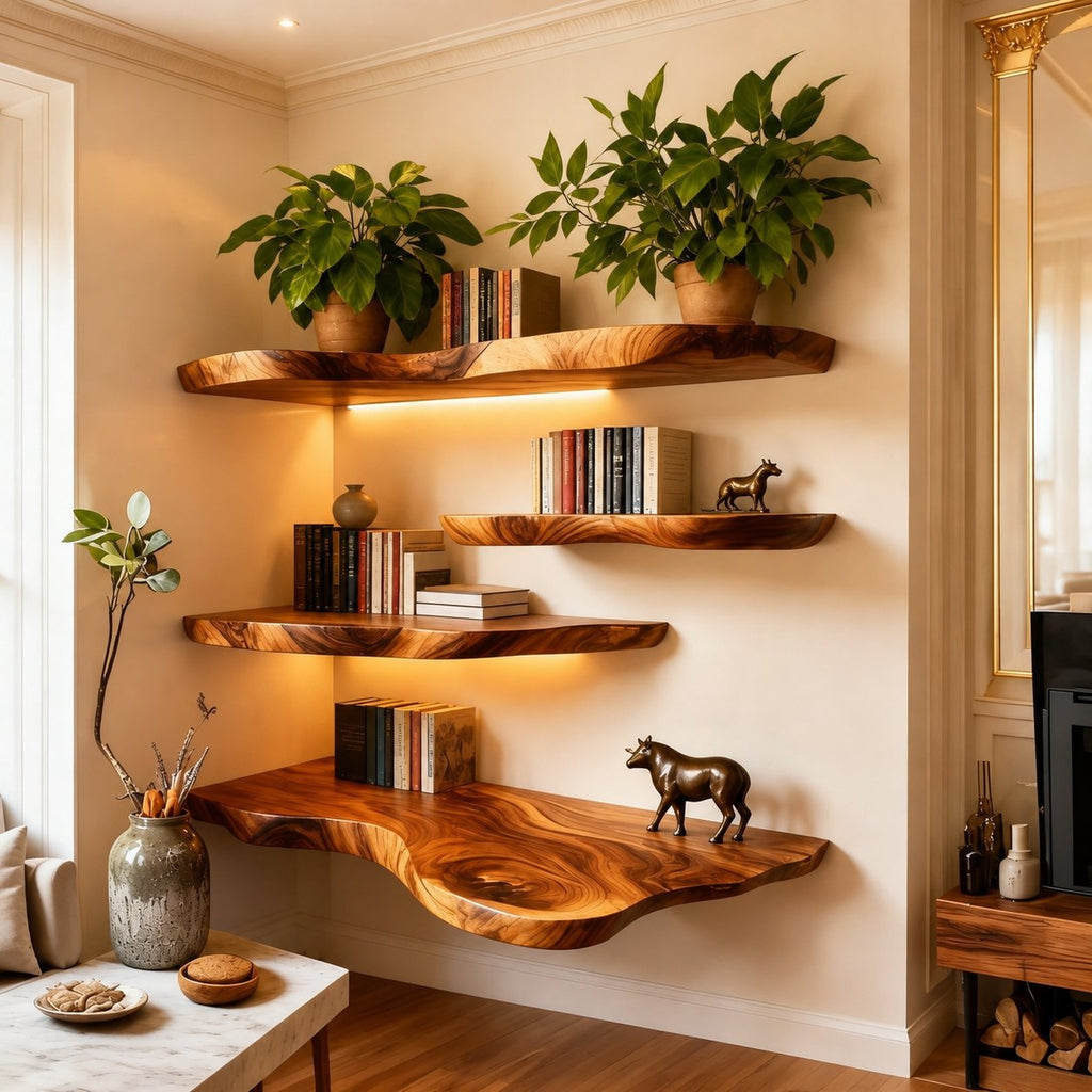 Solid Wood Live-Edge Corner Shelf Tiered Organic Slabs for Cozy Reading Nook