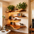 Solid Wood Live-Edge Corner Shelf Tiered Organic Slabs for Cozy Reading Nook