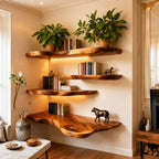 Solid Wood Live-Edge Corner Shelf Tiered Organic Slabs for Cozy Reading Nook