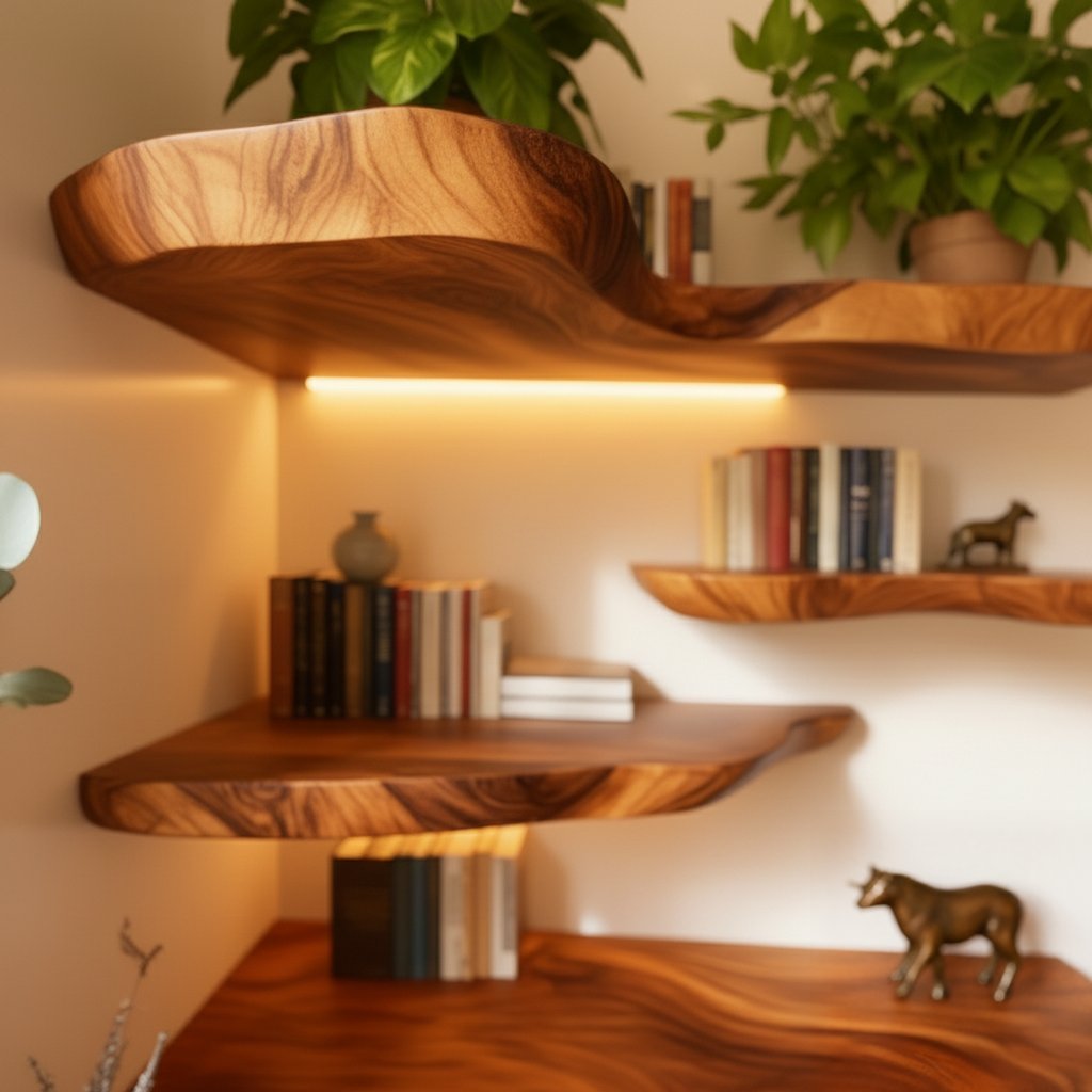 Solid Wood Live-Edge Corner Shelf Tiered Organic Slabs for Cozy Reading Nook